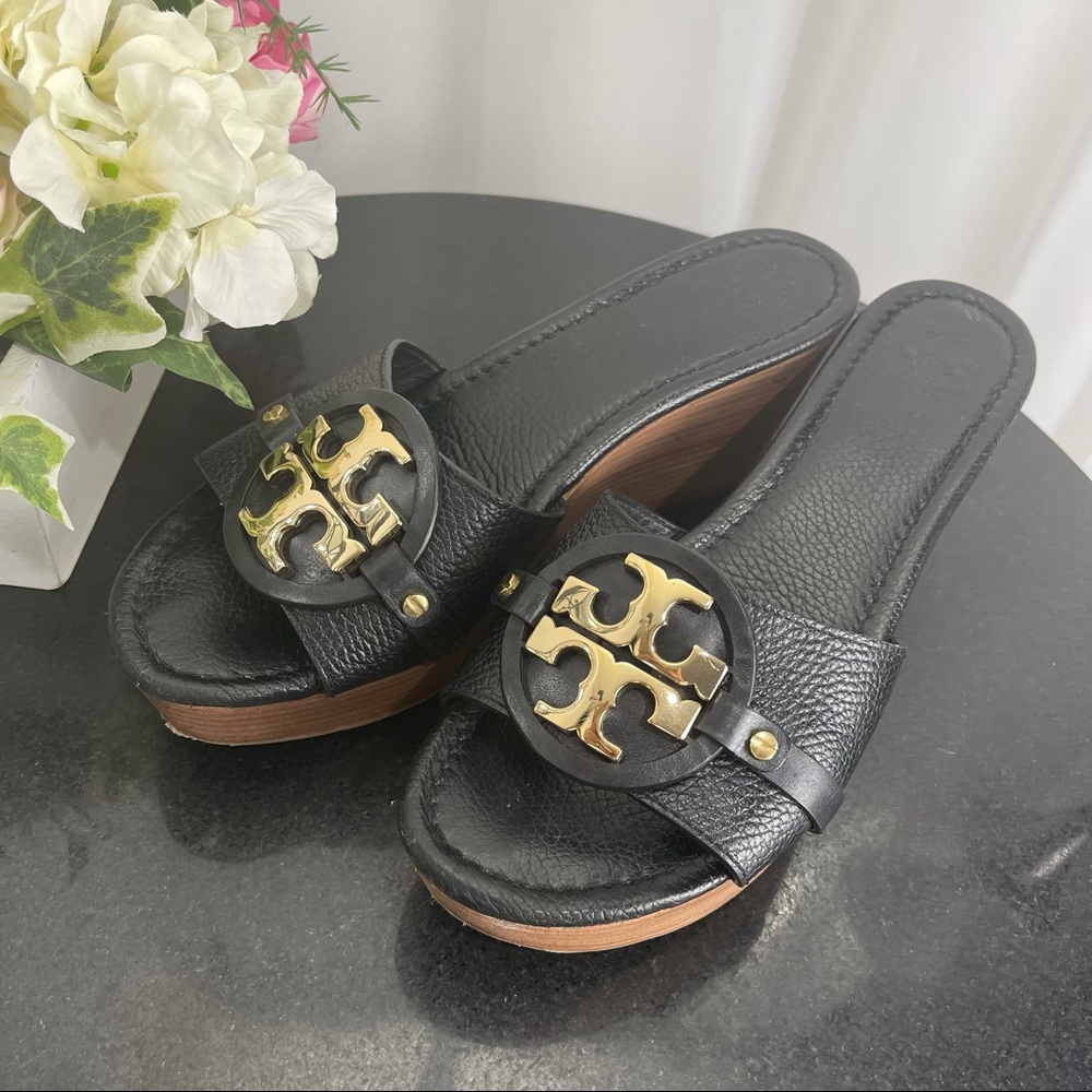 Tory Burch Patty Black Leather-Gold Logo Slides Wedges Sandal - Women’s SZ 10